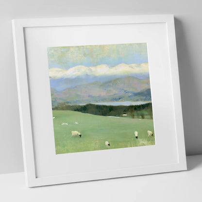 Hawkshead Pastures and Snow-Capped Fells lake district village art print in white frame