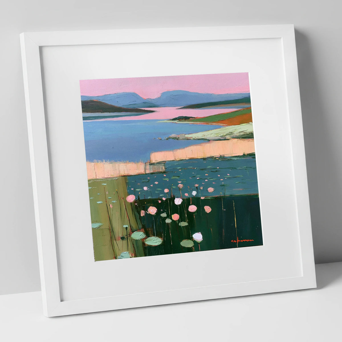 Lake Fells Under Pink Sky lake district lake art print in white frame