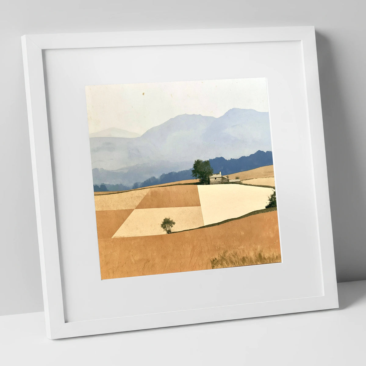 Stone Cottage in Harvest Gold Fells lake district valley art print in white frame