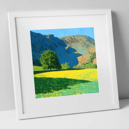 Sunlit Meadow Beneath Sheffield Pike lake district fell art print in white frame