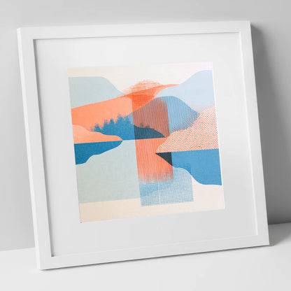 Geometric Lake and Fell Reflections lake district lake art print in white frame