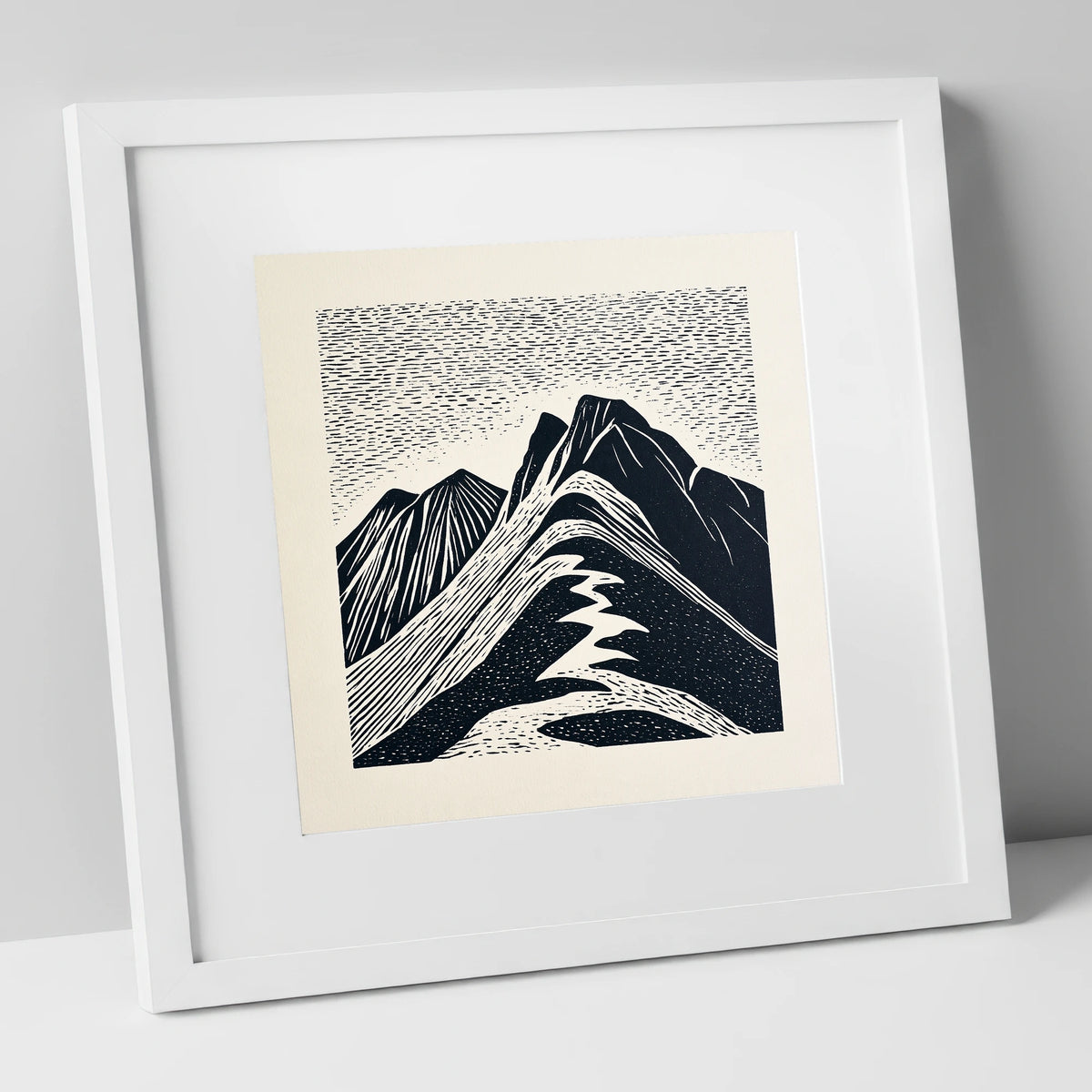Bowfell Summit in Monochrome lake district fell art print in white frame