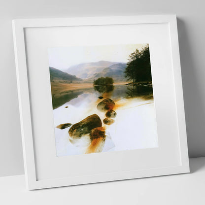 Copper Shallows at Rydal Water lake district lake art print in white frame