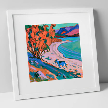 Colourful Derwentwater Shore with Dog derwentwater wall art art print in white frame