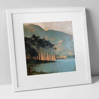 Buttermere Pines in Golden Light lake district lake art print in white frame