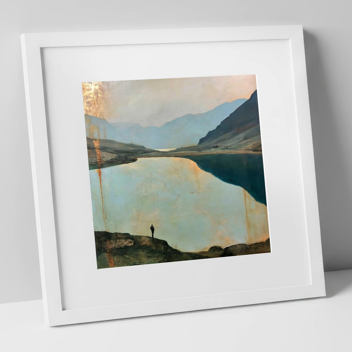 Silhouetted Walker at Innominate Tarn lake district fell art print in white frame