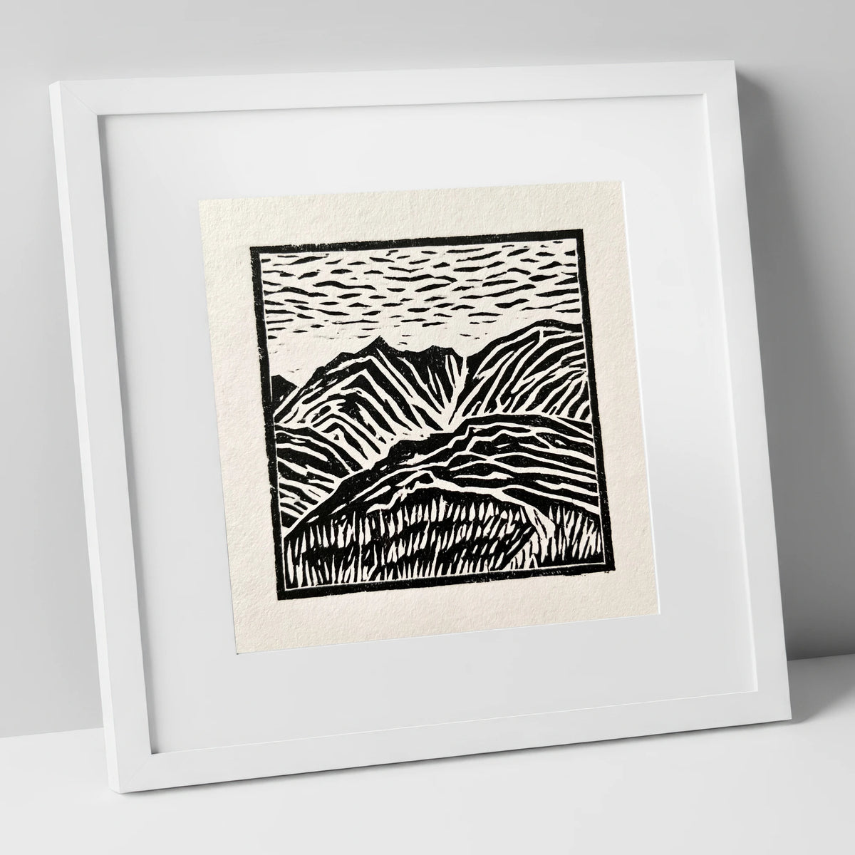 Graphic Mountain Summit View lake district fell art print in white frame