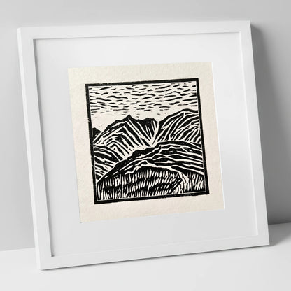 Graphic Mountain Summit View lake district fell art print in white frame