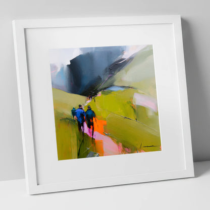 Walkers on Vibrant Fell Path lake district walking art print in white frame