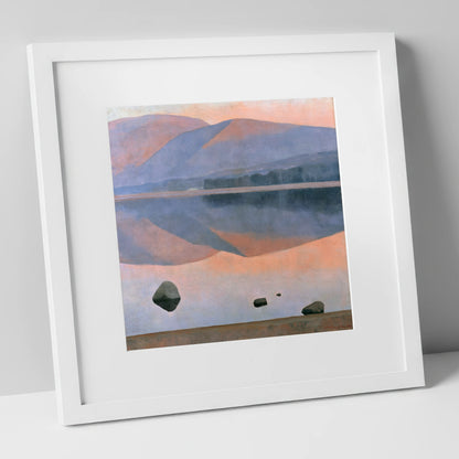 Dusk Fells Reflected on Calm Water lake district lake art print in white frame