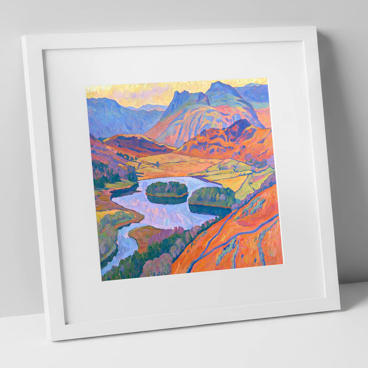 Radiant Fells Above Elter Water lake district lake art print in white frame