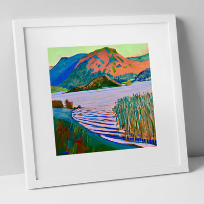 Grasmere Reeds and Vibrant Fells lake district lake art print in white frame