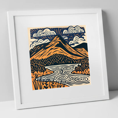 Catbells in Terracotta and Navy lake district fell art print in white frame