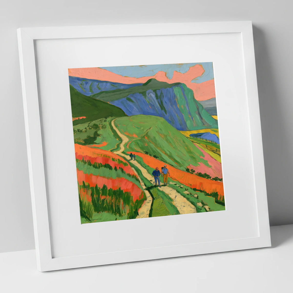 Vivid Mountain Path Walkers lake district walking art print in white frame