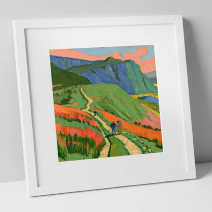 Vivid Mountain Path Walkers lake district walking art print in white frame