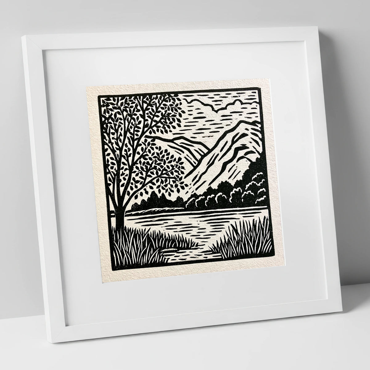 Monochrome Grasmere Water and Fells lake district lake art print in white frame