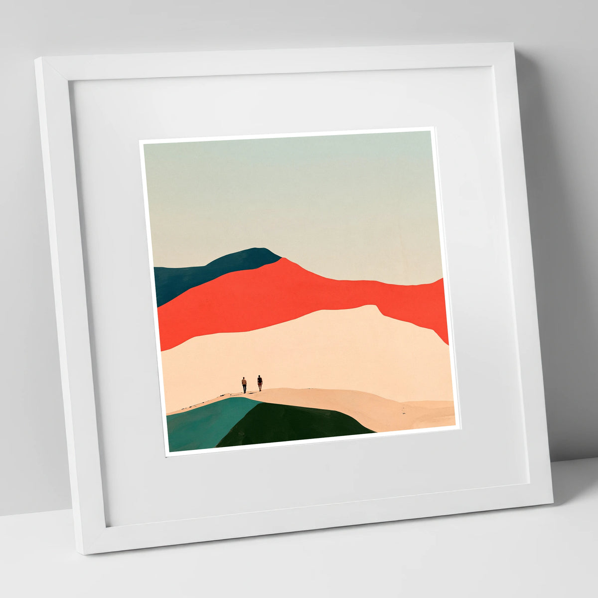 Hikers on a Graphic Fell Ridge lake district fell art print in white frame