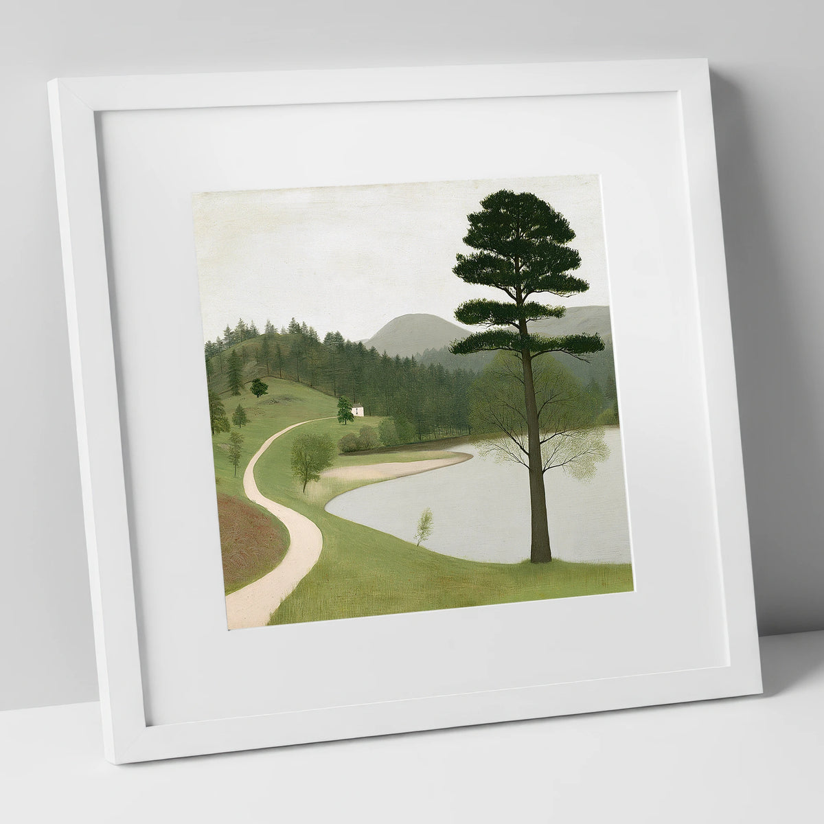 Tall Pine at Tarn Hows lake district lake art print in white frame