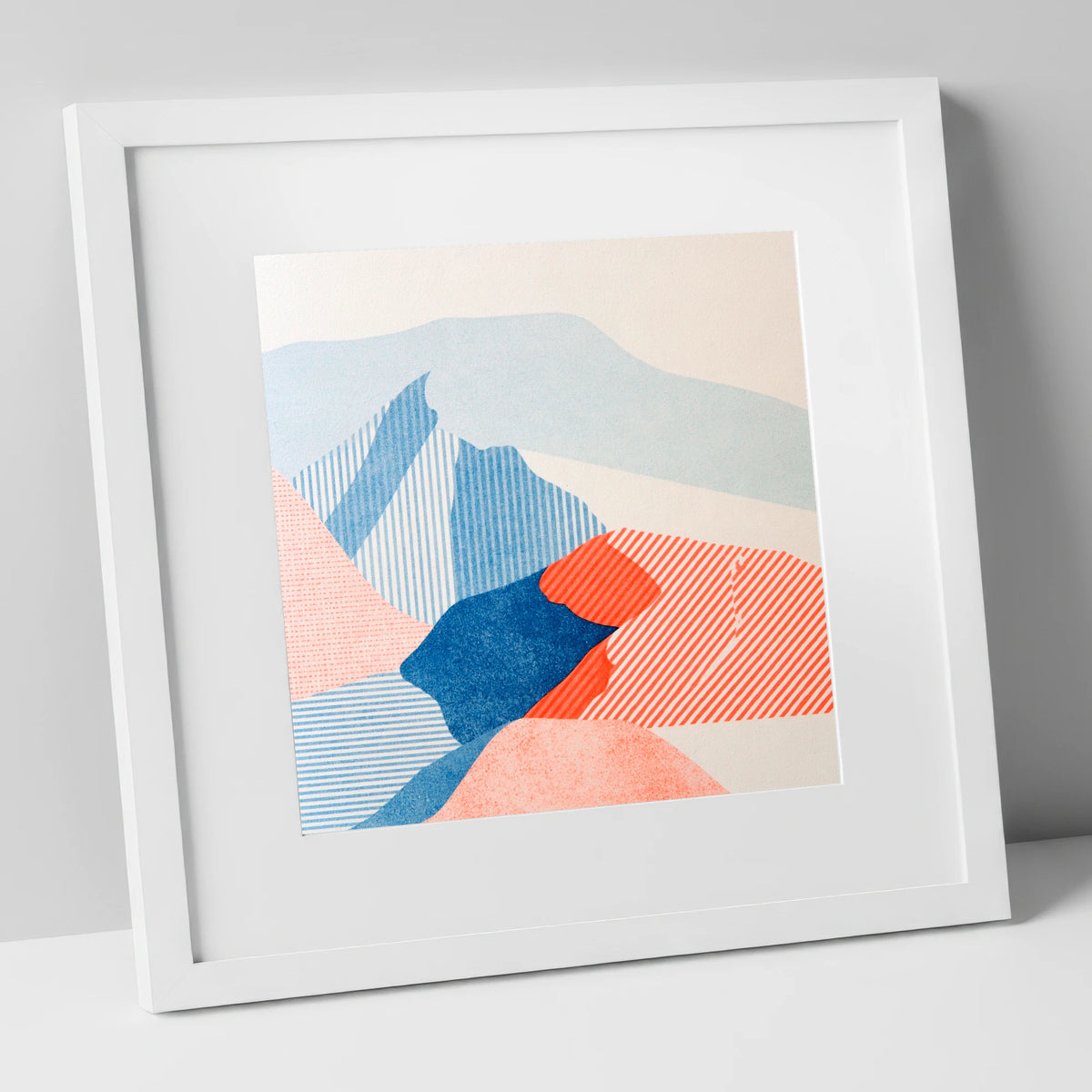 Abstract Skiddaw in Blue and Coral lake district fell art print in white frame