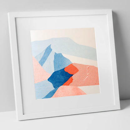 Abstract Skiddaw in Blue and Coral lake district fell art print in white frame