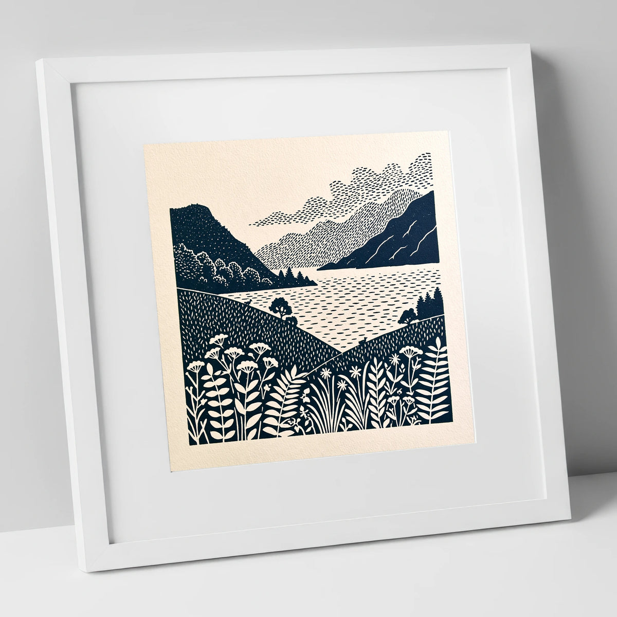 Graphic Ullswater and Layered Fells lake district lake art print in white frame