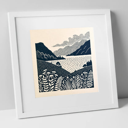Graphic Ullswater and Layered Fells lake district lake art print in white frame