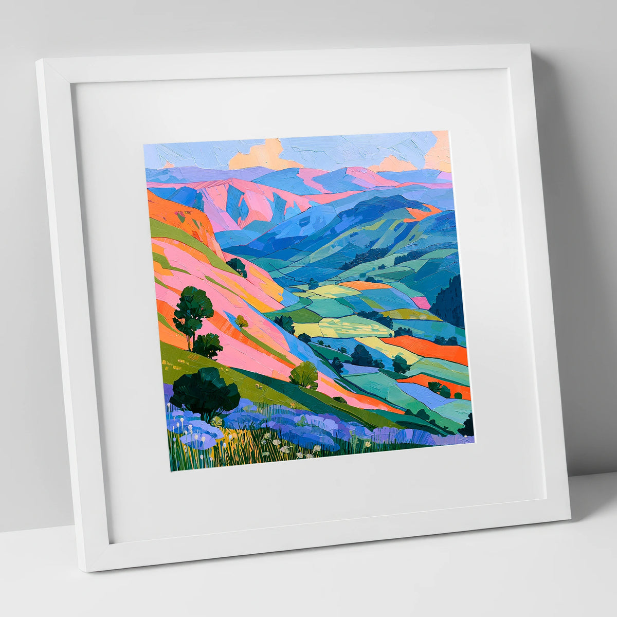 Vibrant Fells in Golden Light lake district sky art print in white frame