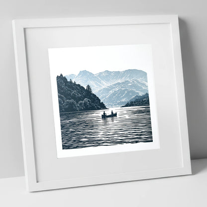 Windermere Canoe In Deep Blue lake district lake art print in white frame