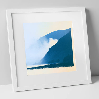 Rolling Fells in Deep Blue lake district fell art print in white frame