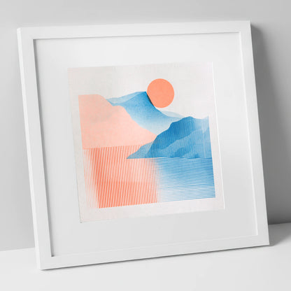 Geometric Derwentwater Sunrise lake district lake art print in white frame