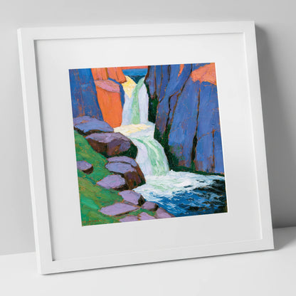 Vibrant Waterfall Between Blue Crags lake district waterfall art print in white frame