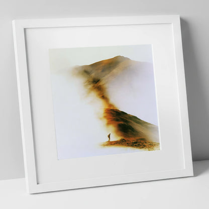 Lone Hiker in Copper Mist lake district walking art print in white frame