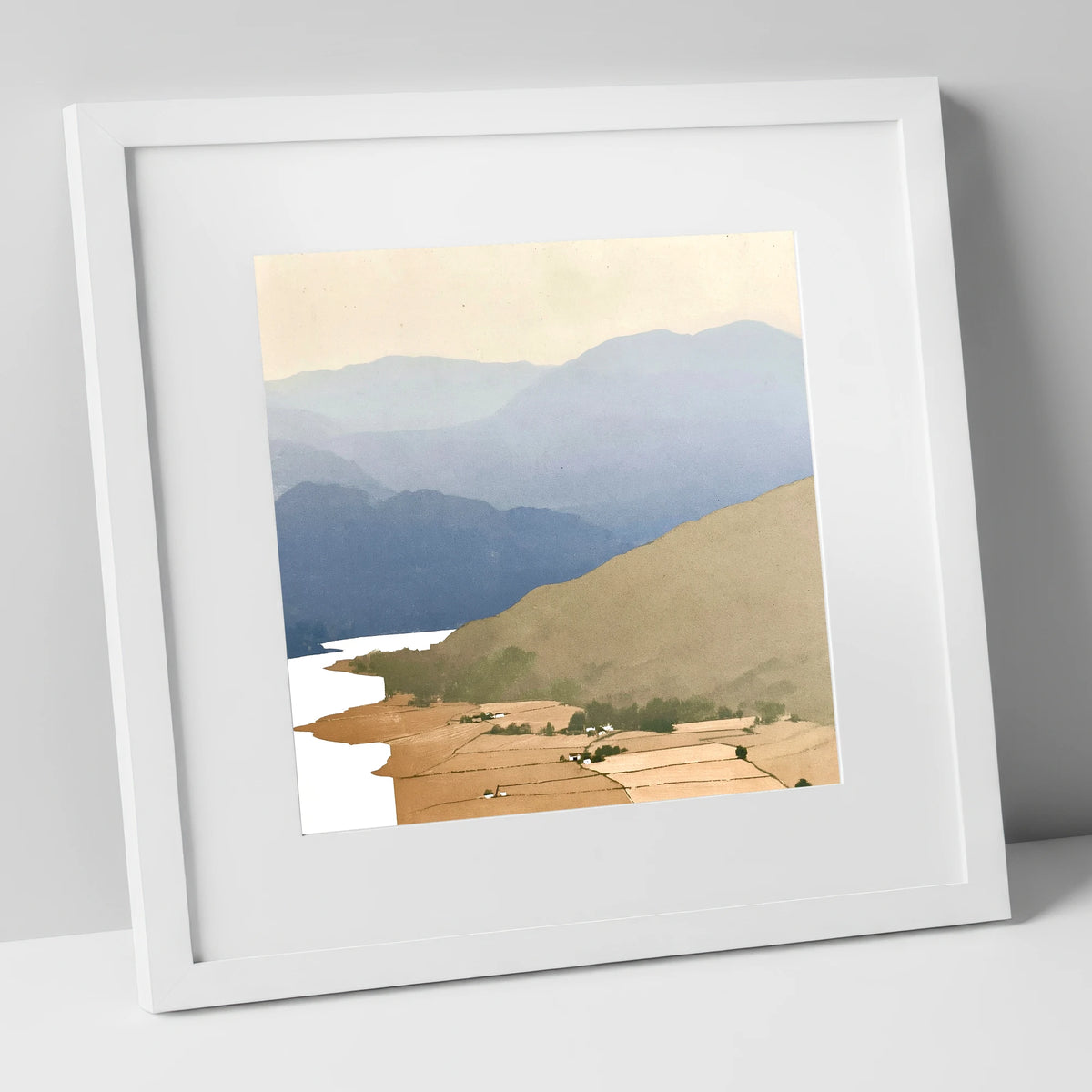 Blue Fells Above Patterdale Valley lake district village art print in white frame