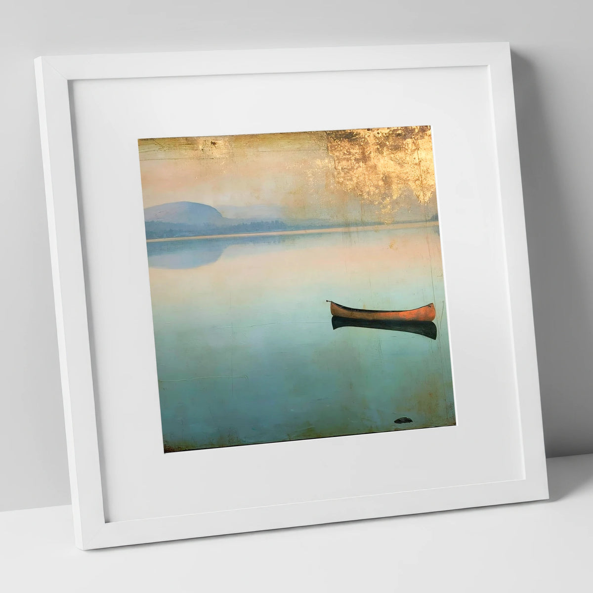 Windermere Canoe in Golden Haze lake district lake art print in white frame