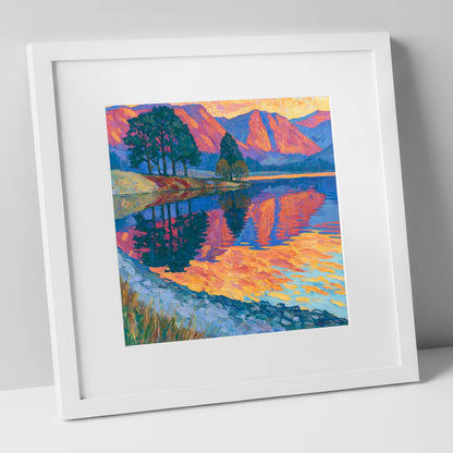Vivid Dawn Lake Reflection lake district lake art print in white frame