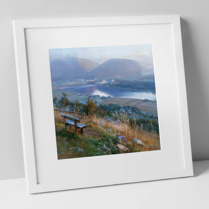 Elevated Bench Over Loweswater lake district lake art print in white frame