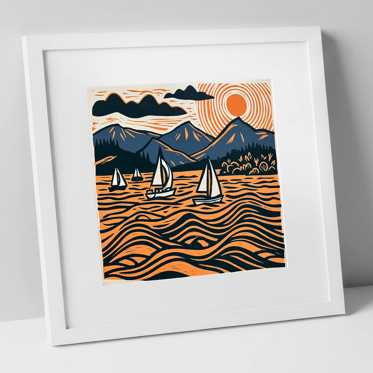 Derwentwater Sailboats Under Radiating Sun lake district lake art print in white frame