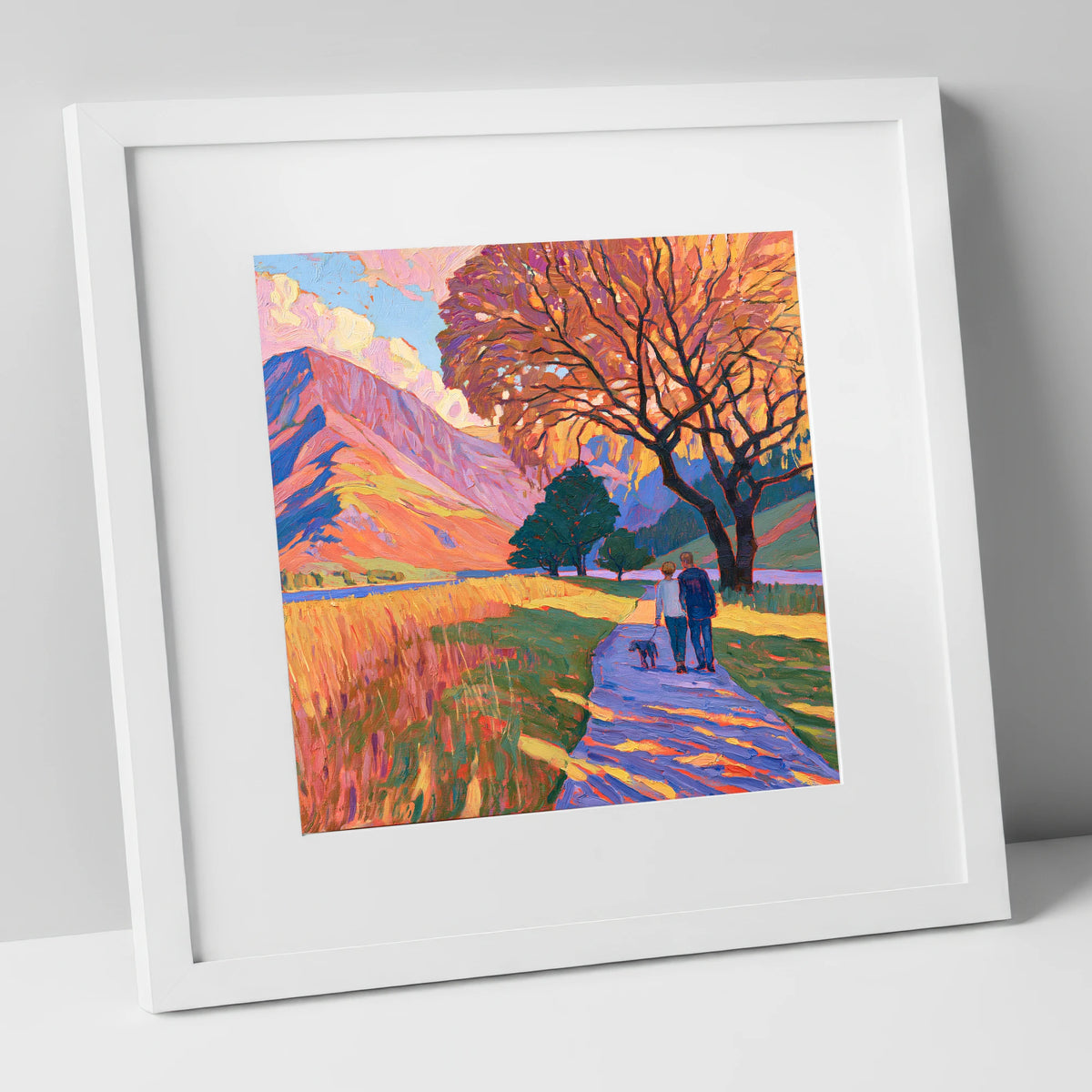 Autumn Dog Walk at Buttermere gifts for dog walkers art print in white frame