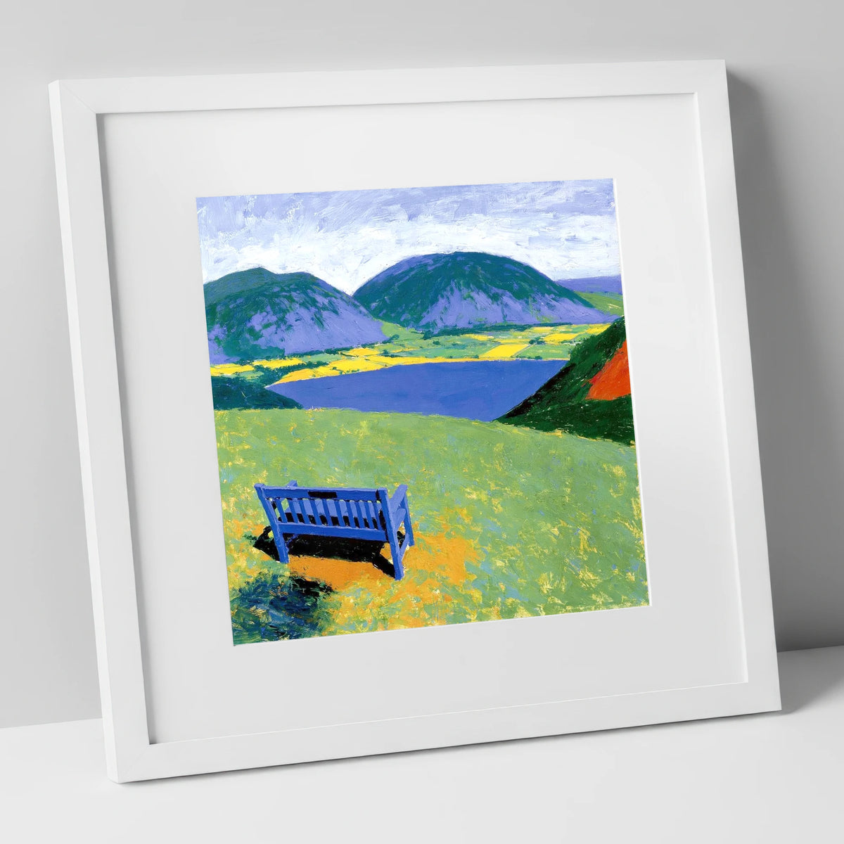 Blue Bench Above Loweswater lake district lake art print in white frame