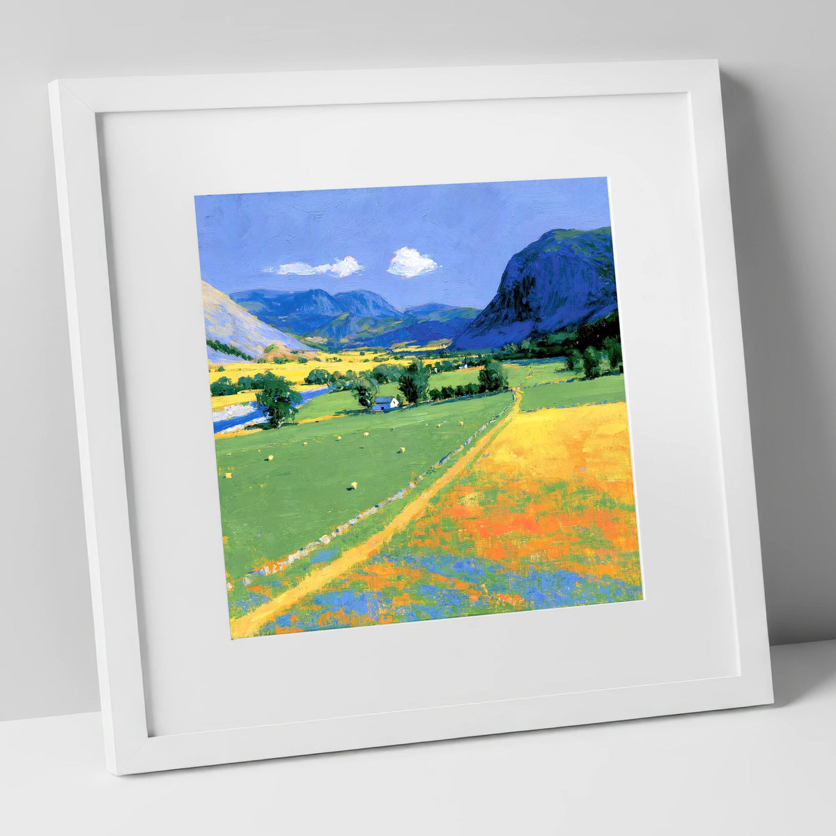 Vibrant Valley beneath Blue Fells lake district valley art print in white frame