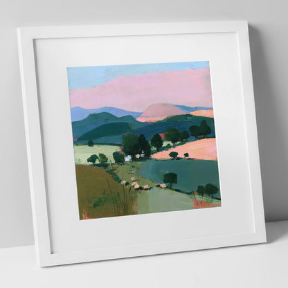 Pink Evening Light on Lakeland Fells lake district sky art print in white frame