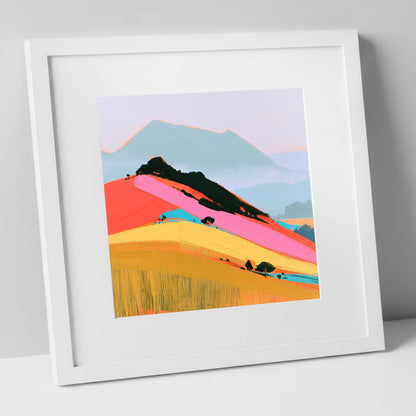 Vibrant Pink Mountain Ridge lake district fell art print in white frame