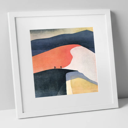 Terracotta Fell Top with Hikers lake district fell art print in white frame