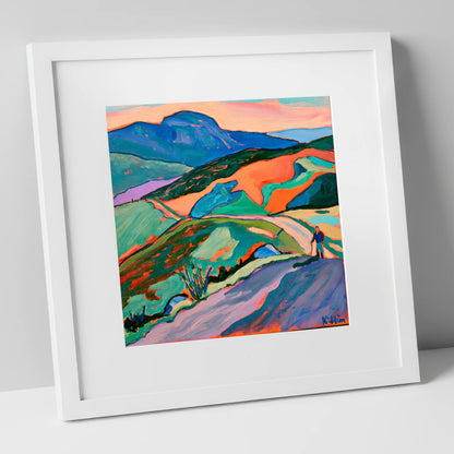 Lone Hiker on Colourful Fells lake district walking art print in white frame
