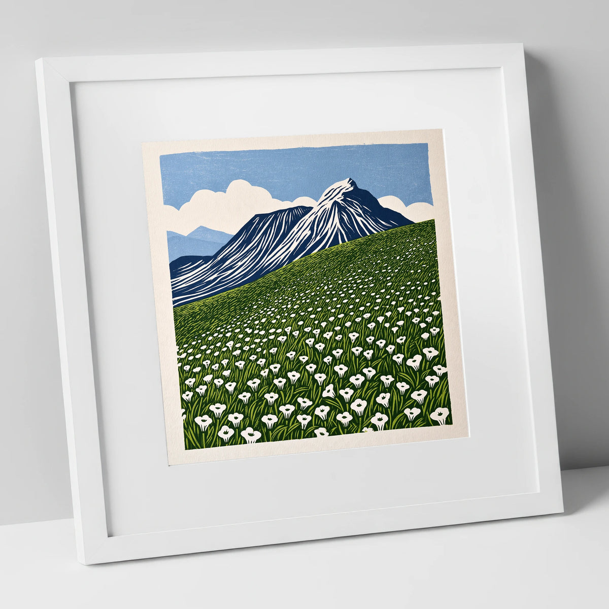 Blencathra and White Fellside Blooms lake district fell art print in white frame