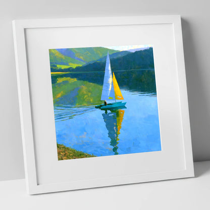 Vivid Sails on a Breezy Lake lake district walking art print in white frame