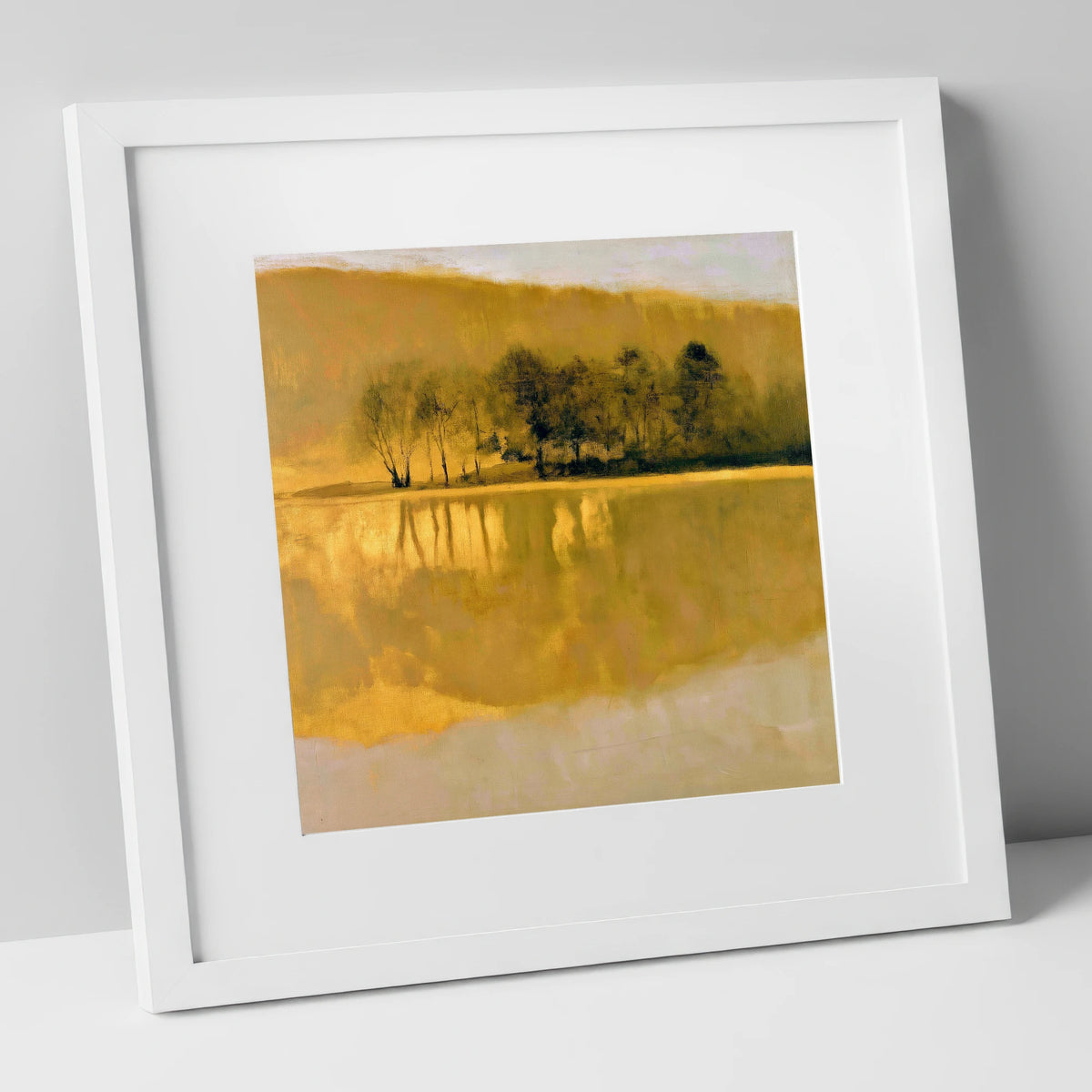 Dark Trees on Golden Lake lake district lake art print in white frame