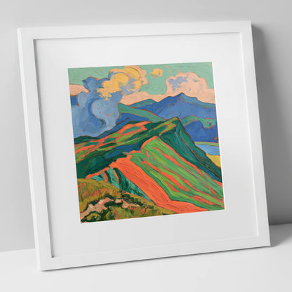 Vivid Misty Mountain Ridge lake district fell art print in white frame