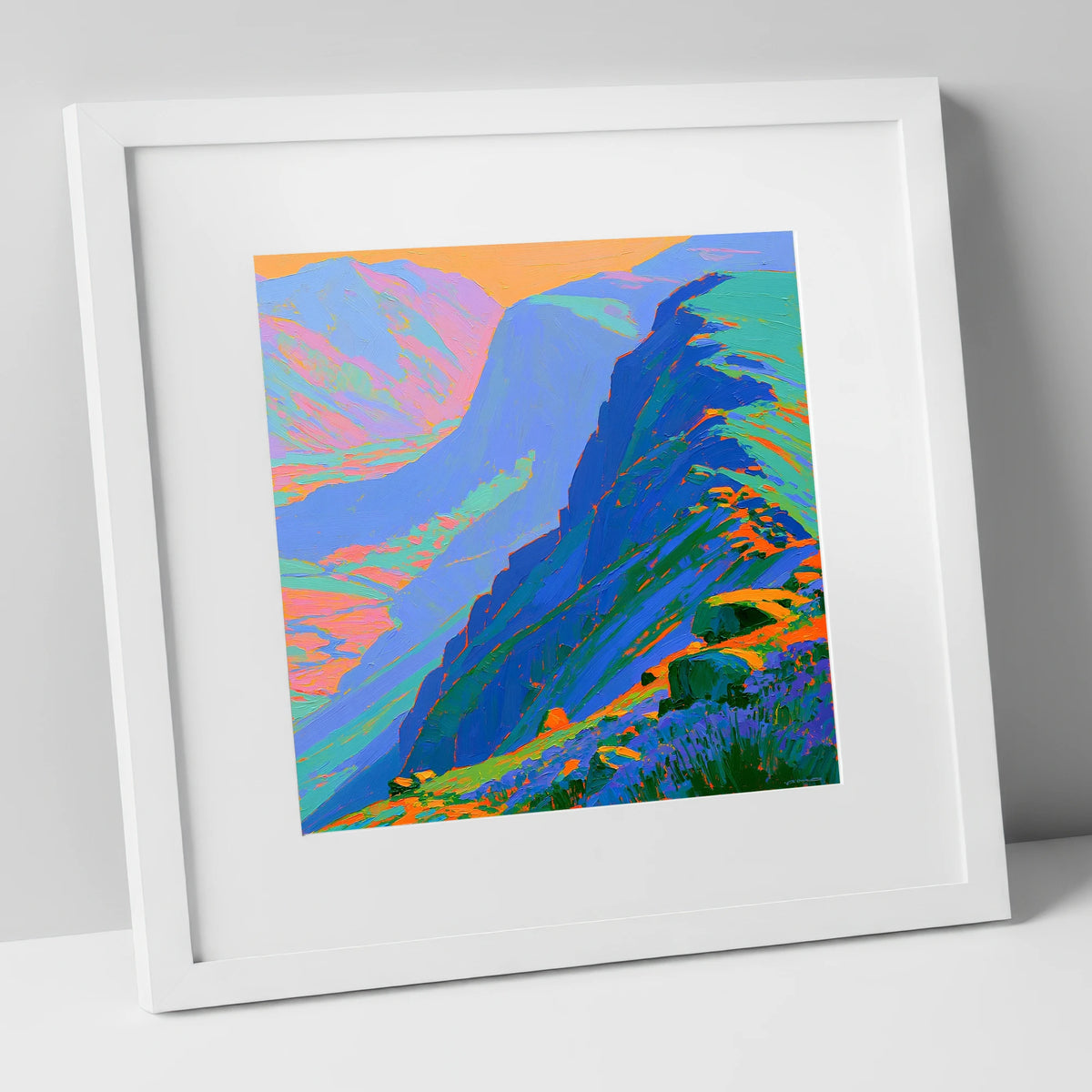 Electric Blue Mountain Ridge lake district fell art print in white frame