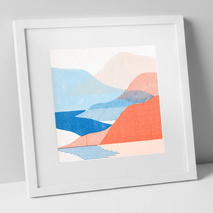 Modern Eskdale Valley in Coral lake district valley art print in white frame